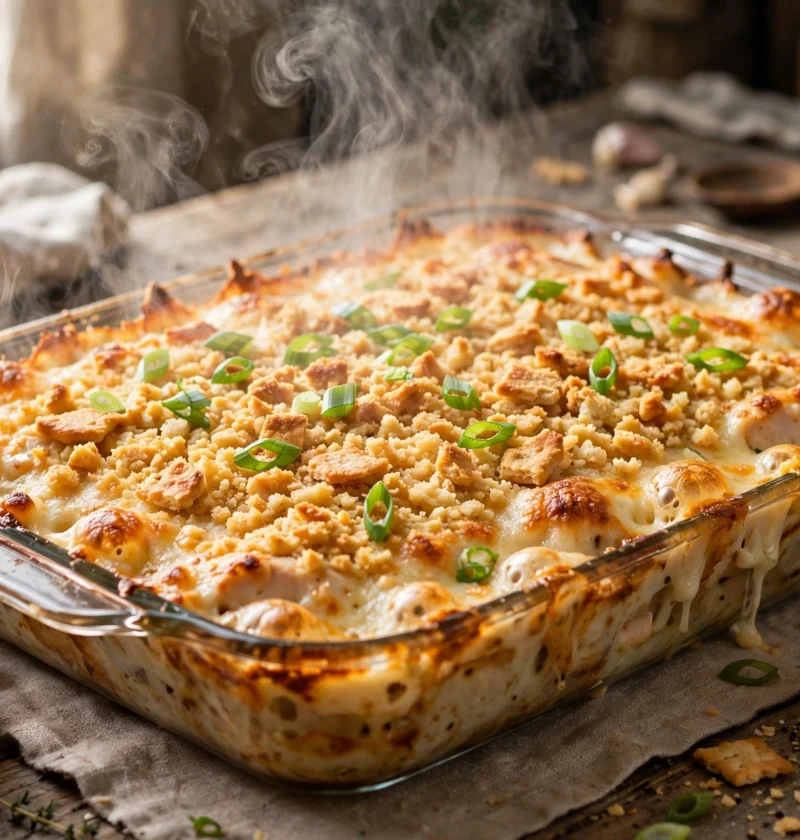 Neiman Marcus chicken casserole with golden buttery cracker topping
