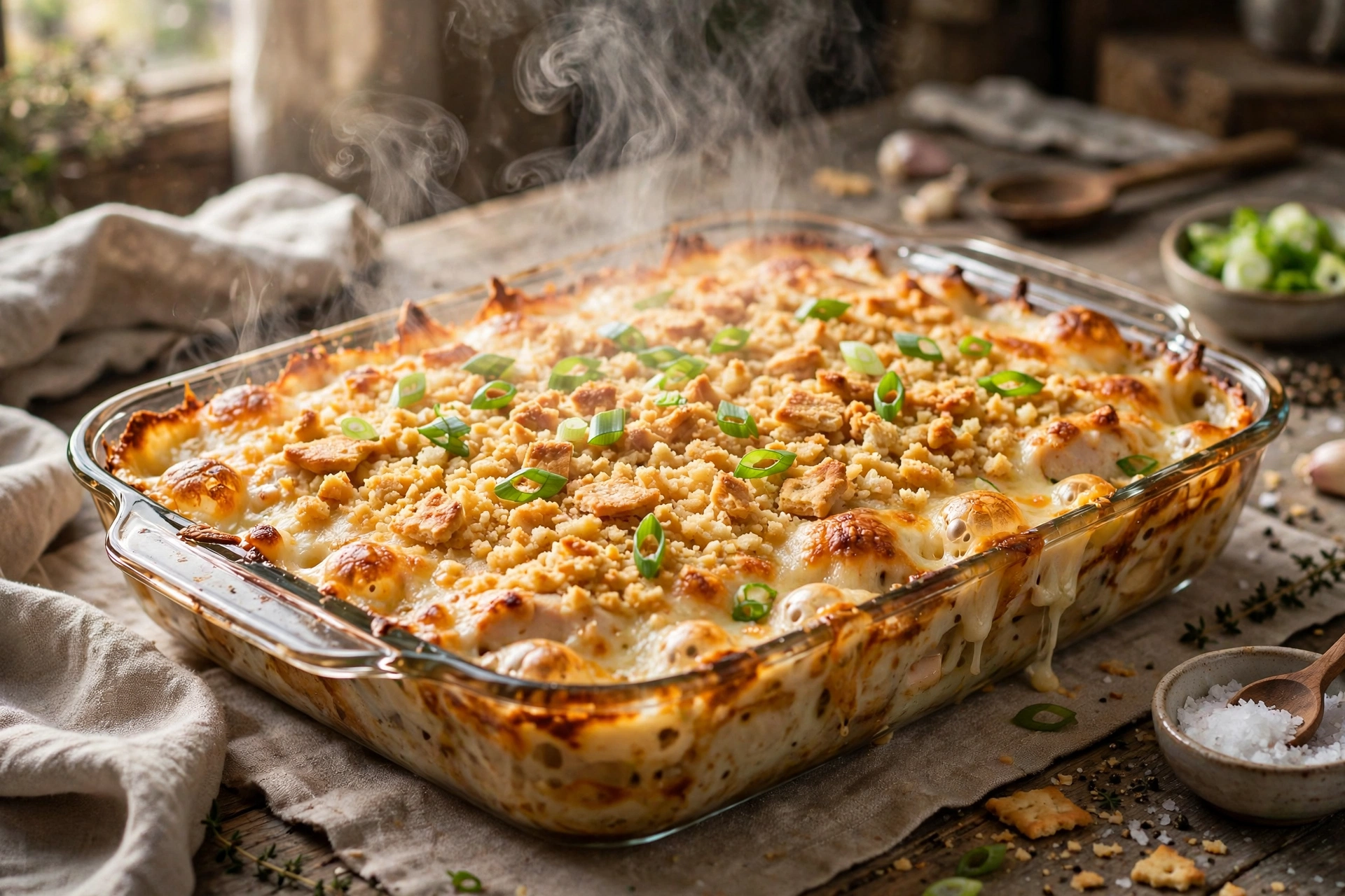 Neiman Marcus chicken casserole with golden buttery cracker topping