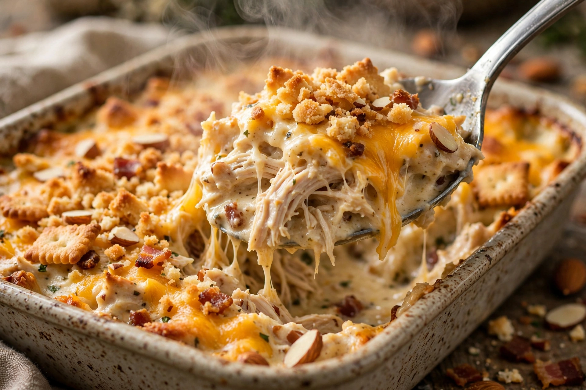 Spoon scooping creamy cheesy chicken casserole
