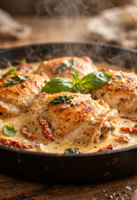 Marry Me Chicken in a skillet with creamy sun-dried tomato sauce