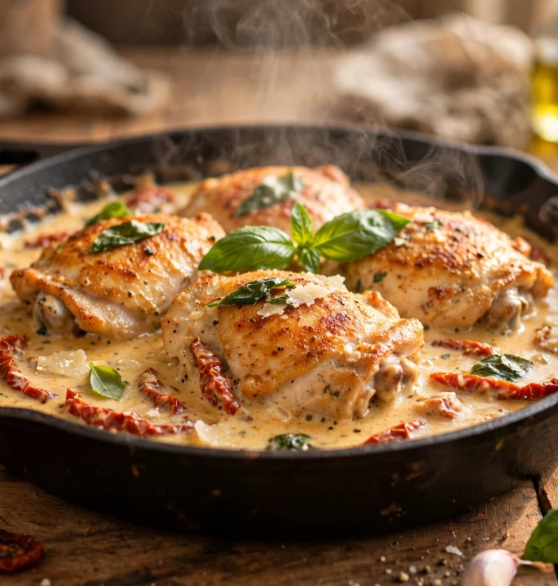 Marry Me Chicken in a skillet with creamy sun-dried tomato sauce
