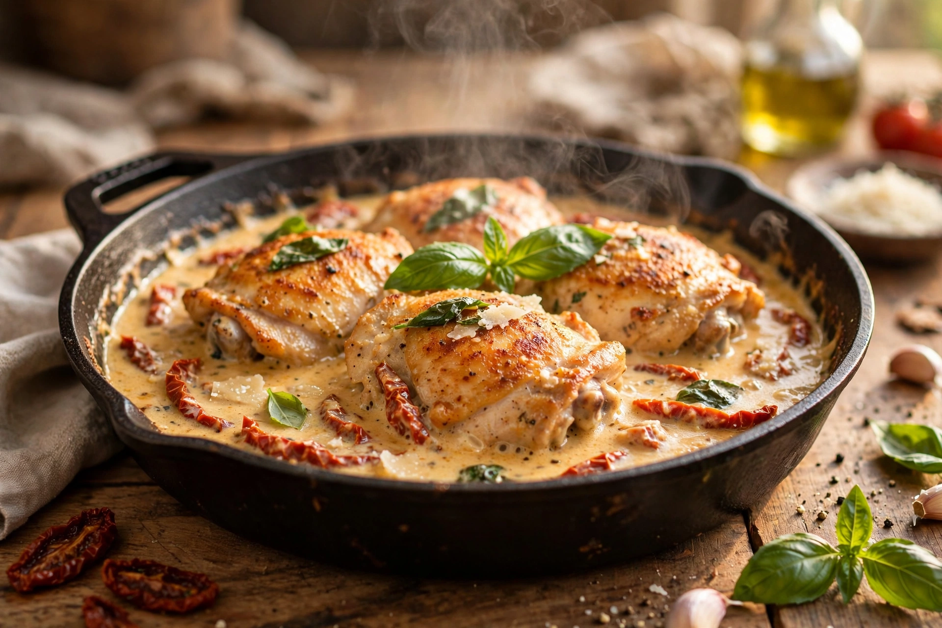 Marry Me Chicken in a skillet with creamy sun-dried tomato sauce