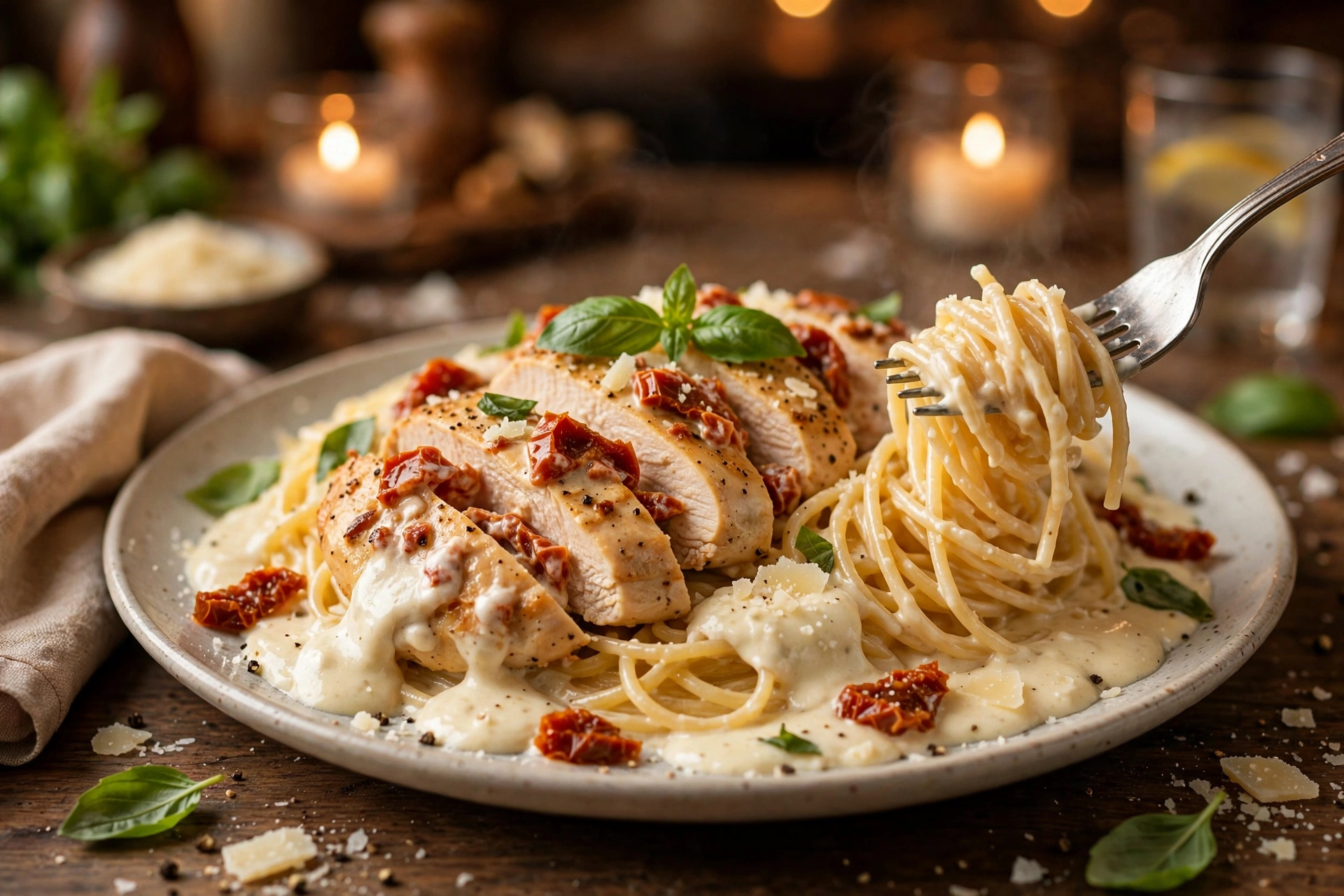Marry Me Chicken served over pasta with sauce
