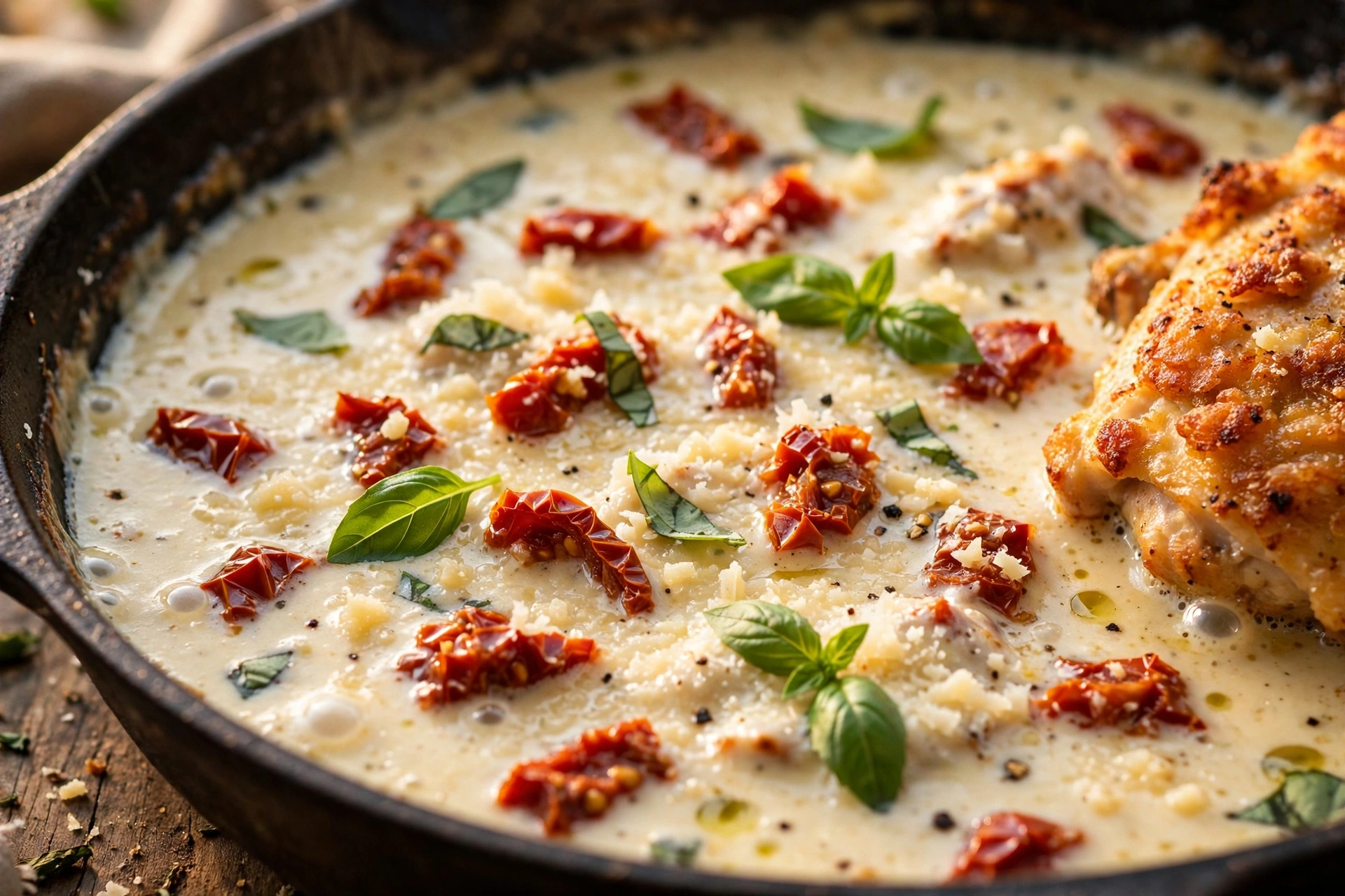 Close-up of creamy sun-dried tomato Parmesan sauce with basil