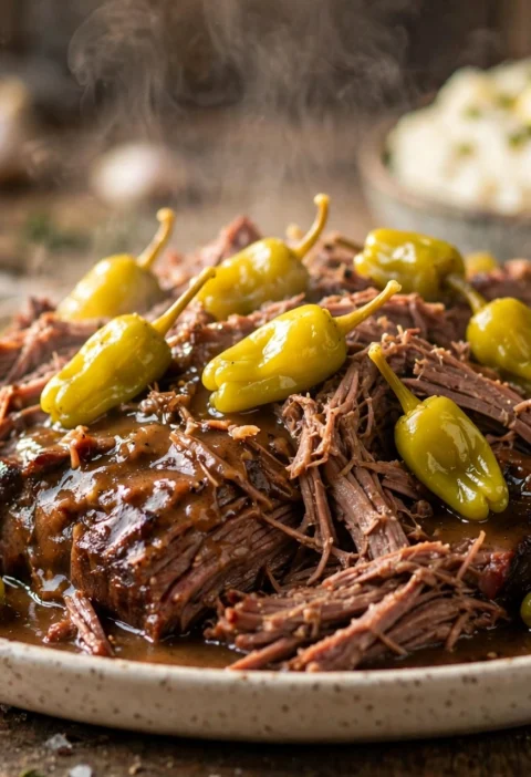 Shredded Mississippi pot roast with pepperoncini in rich gravy