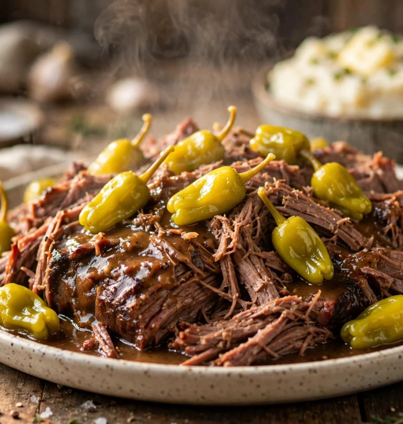Shredded Mississippi pot roast with pepperoncini in rich gravy