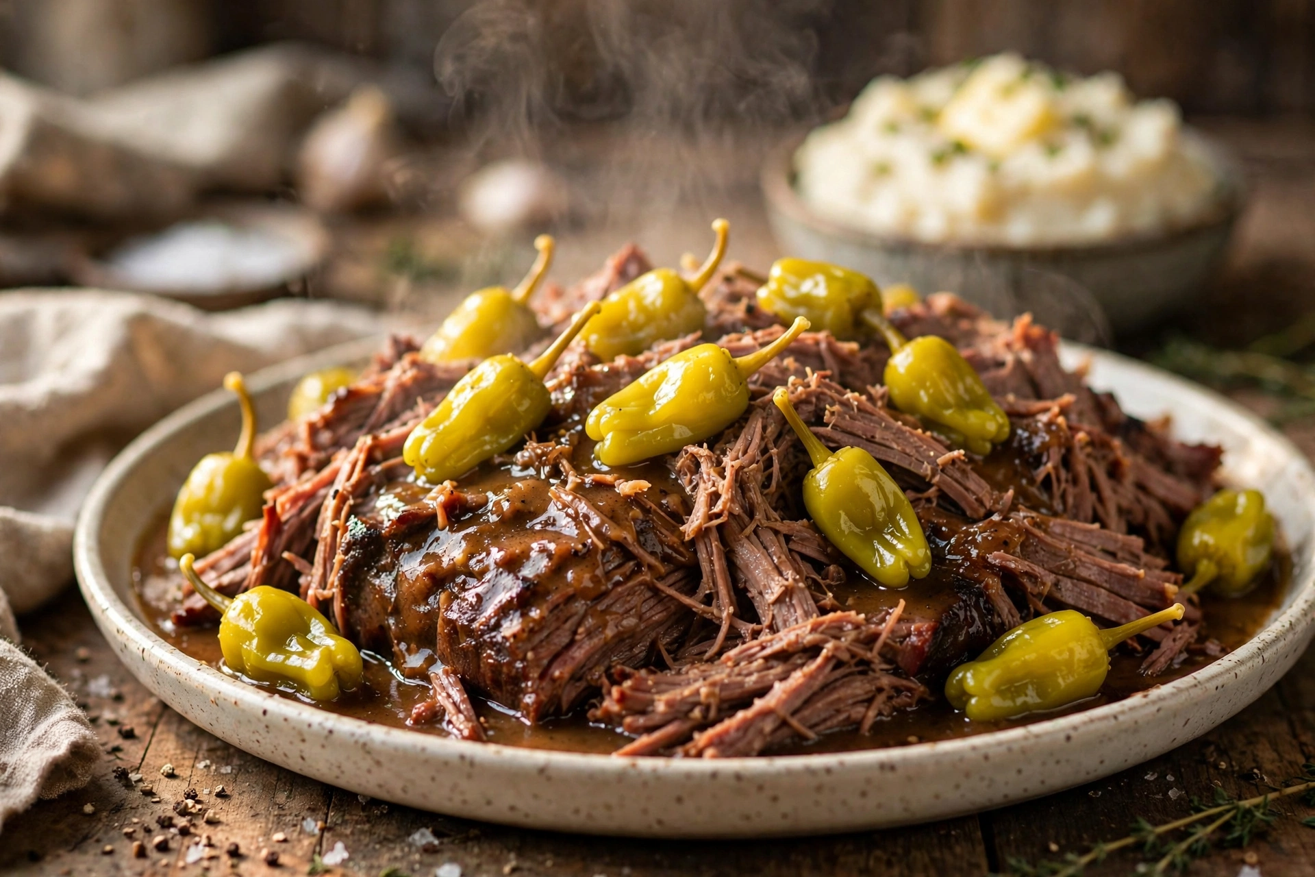 Shredded Mississippi pot roast with pepperoncini in rich gravy