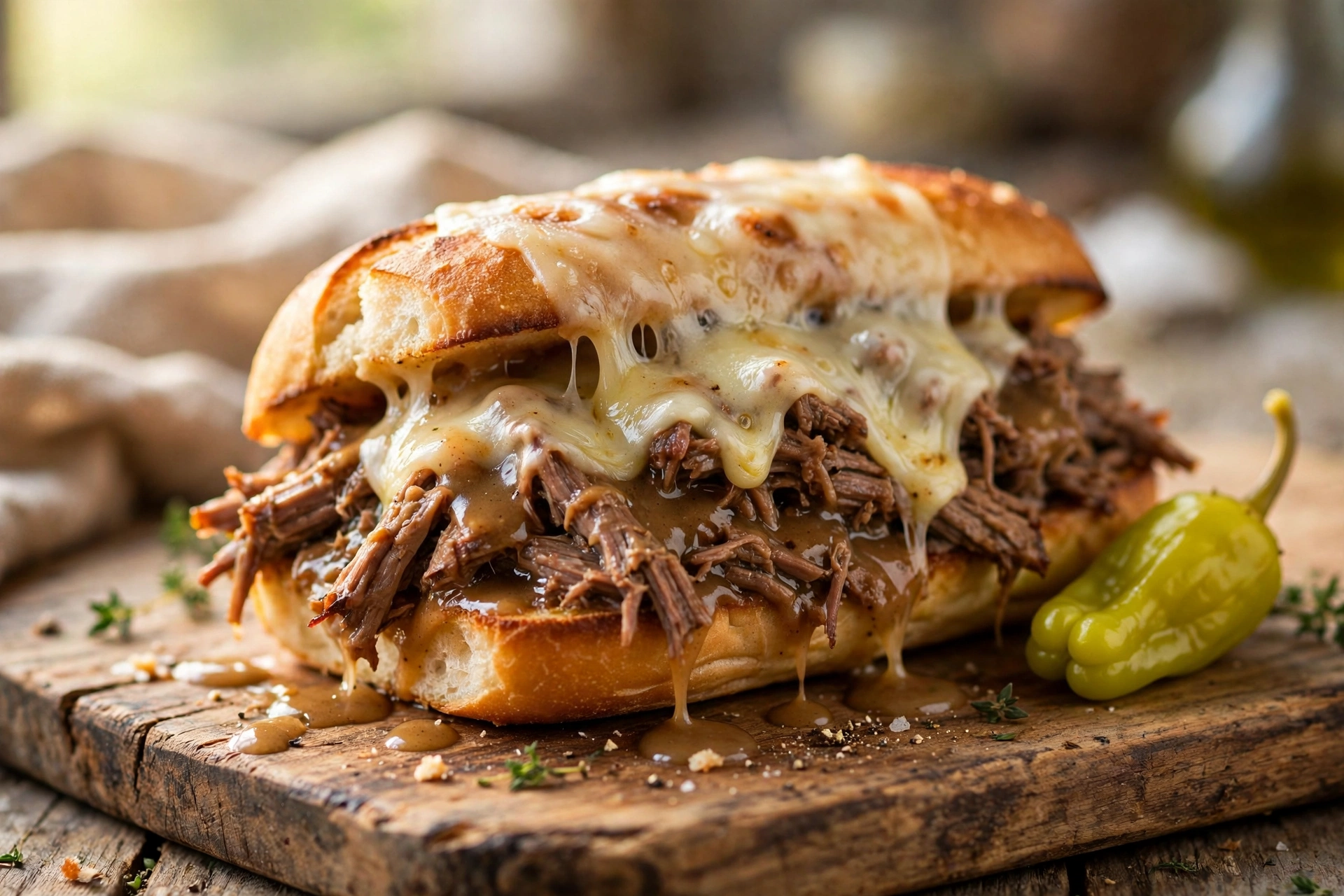 Shredded Mississippi pot roast sandwich on a toasted roll
