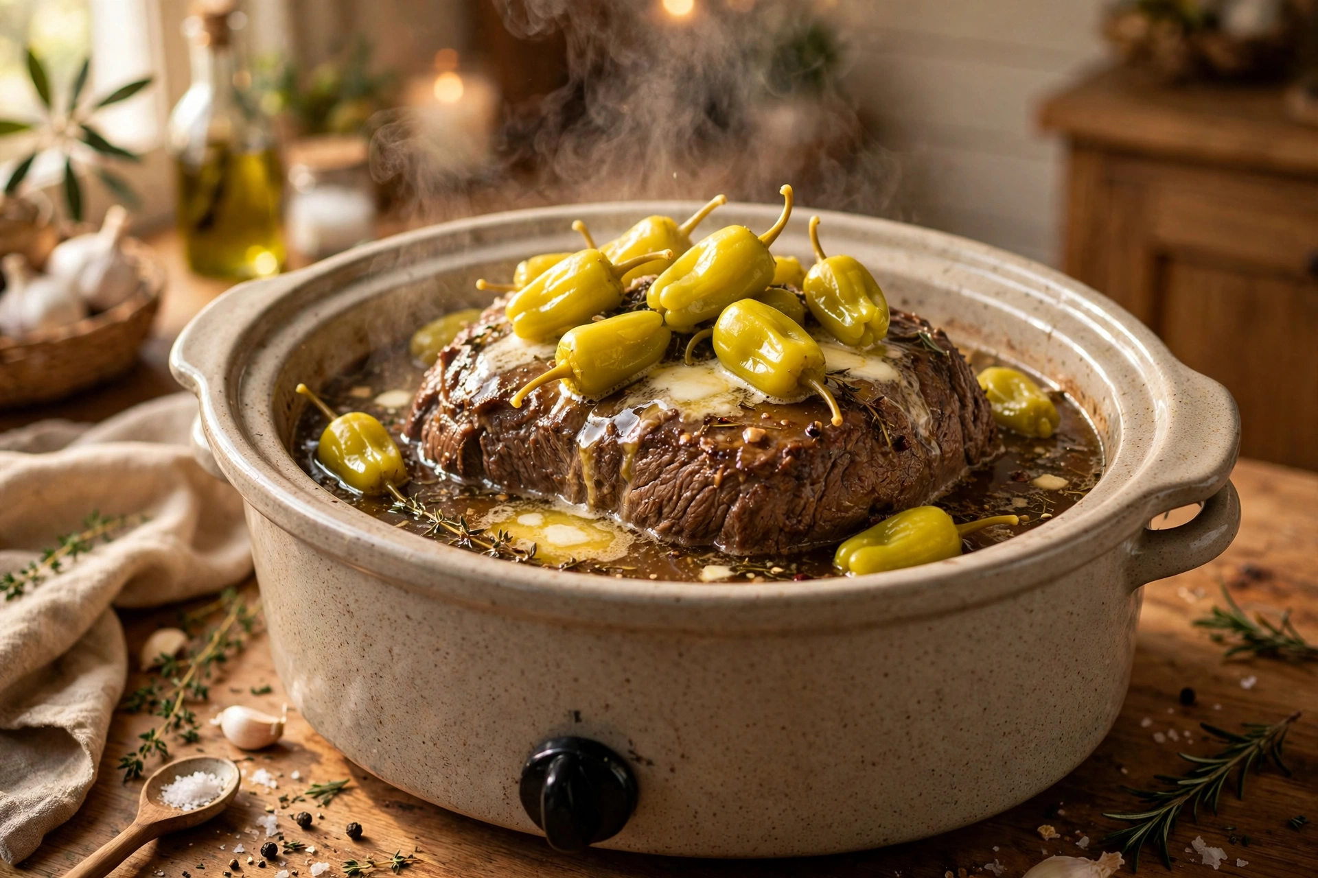 Chuck roast in slow cooker topped with pepperoncini peppers and butter