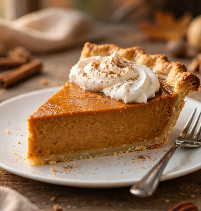 Slice of classic pumpkin pie with whipped cream