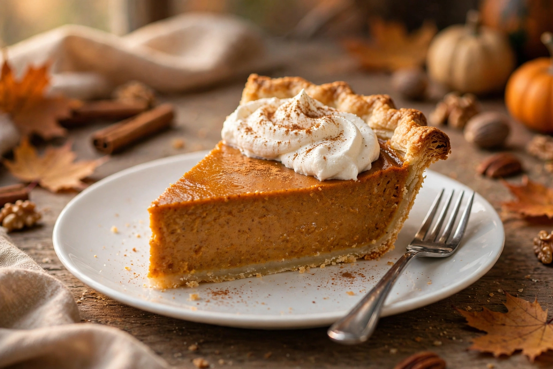 Slice of classic pumpkin pie with whipped cream