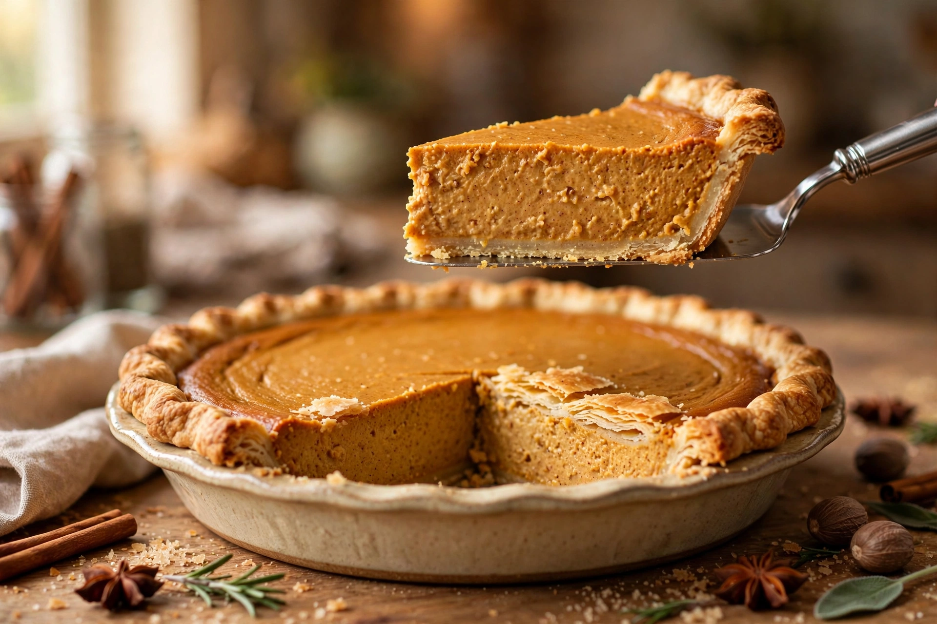Cutting into pumpkin pie showing smooth spiced filling