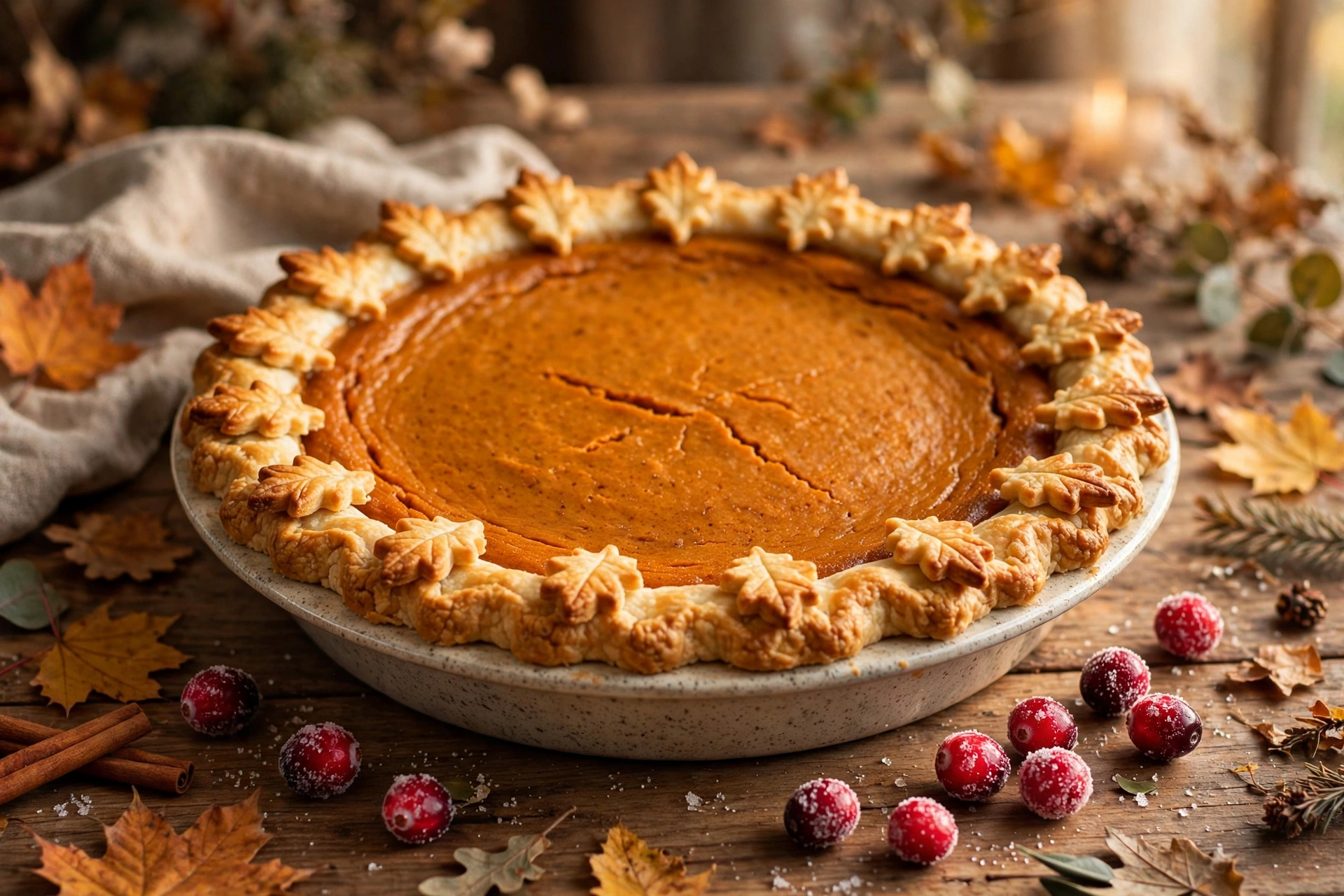 Whole classic pumpkin pie decorated with pastry leaves