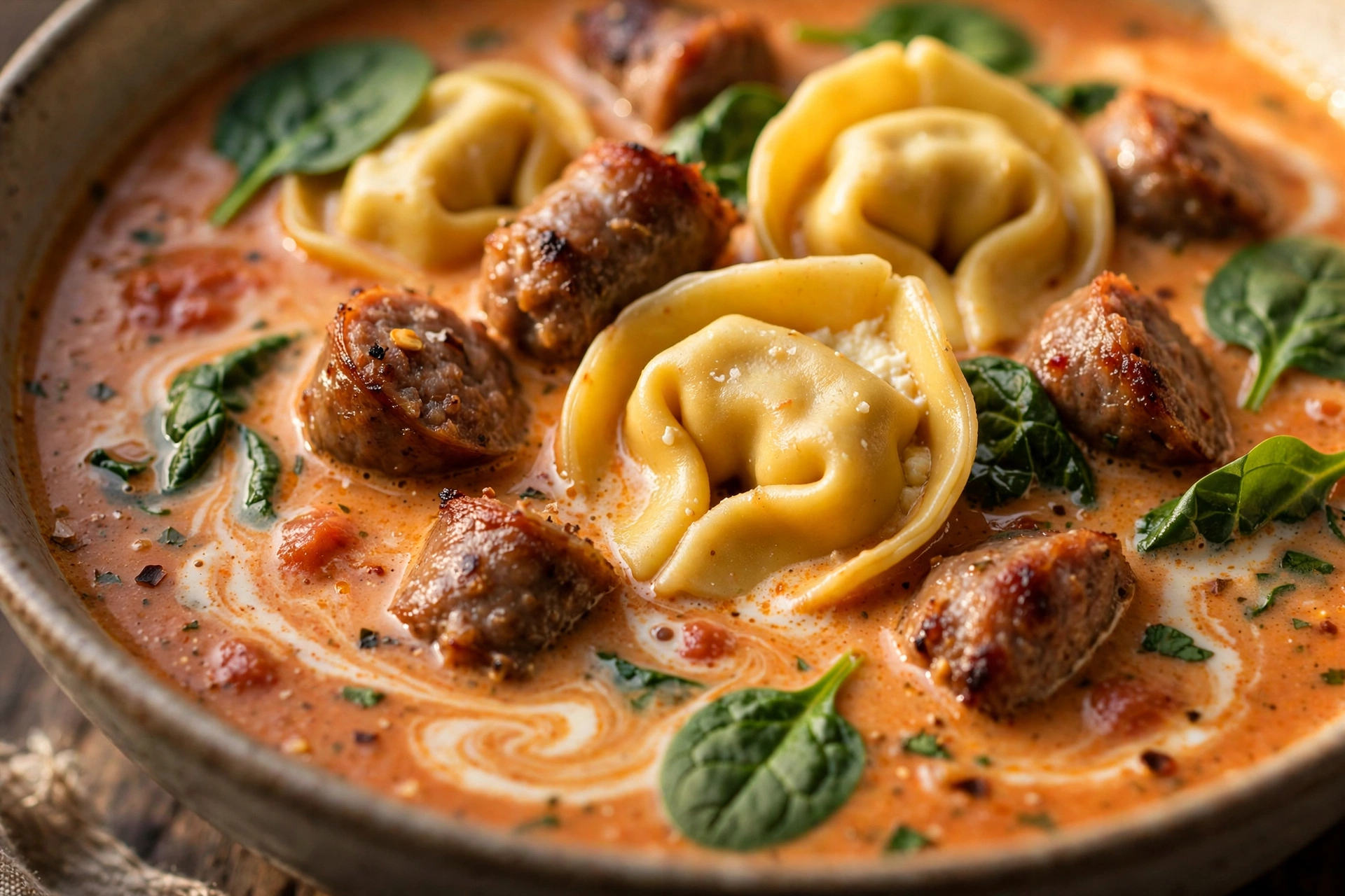 Close-up of cheese tortellini and Italian sausage in creamy tomato broth