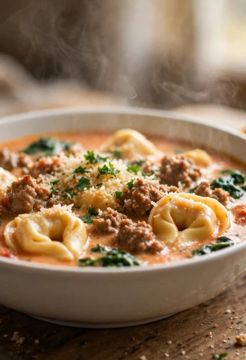 Creamy tortellini soup with sausage and spinach in a white bowl