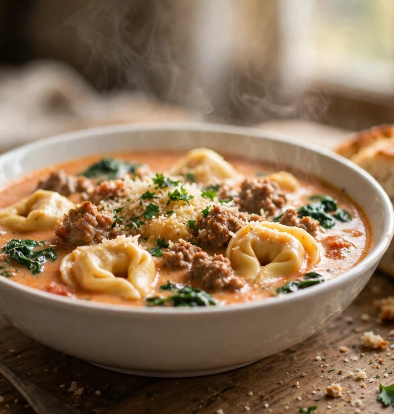 Creamy tortellini soup with sausage and spinach in a white bowl