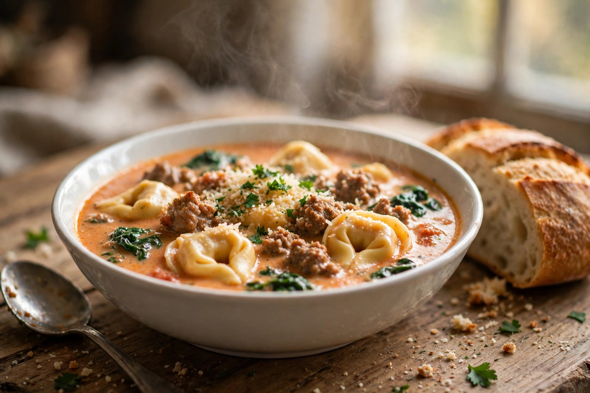 Creamy tortellini soup with sausage and spinach in a white bowl