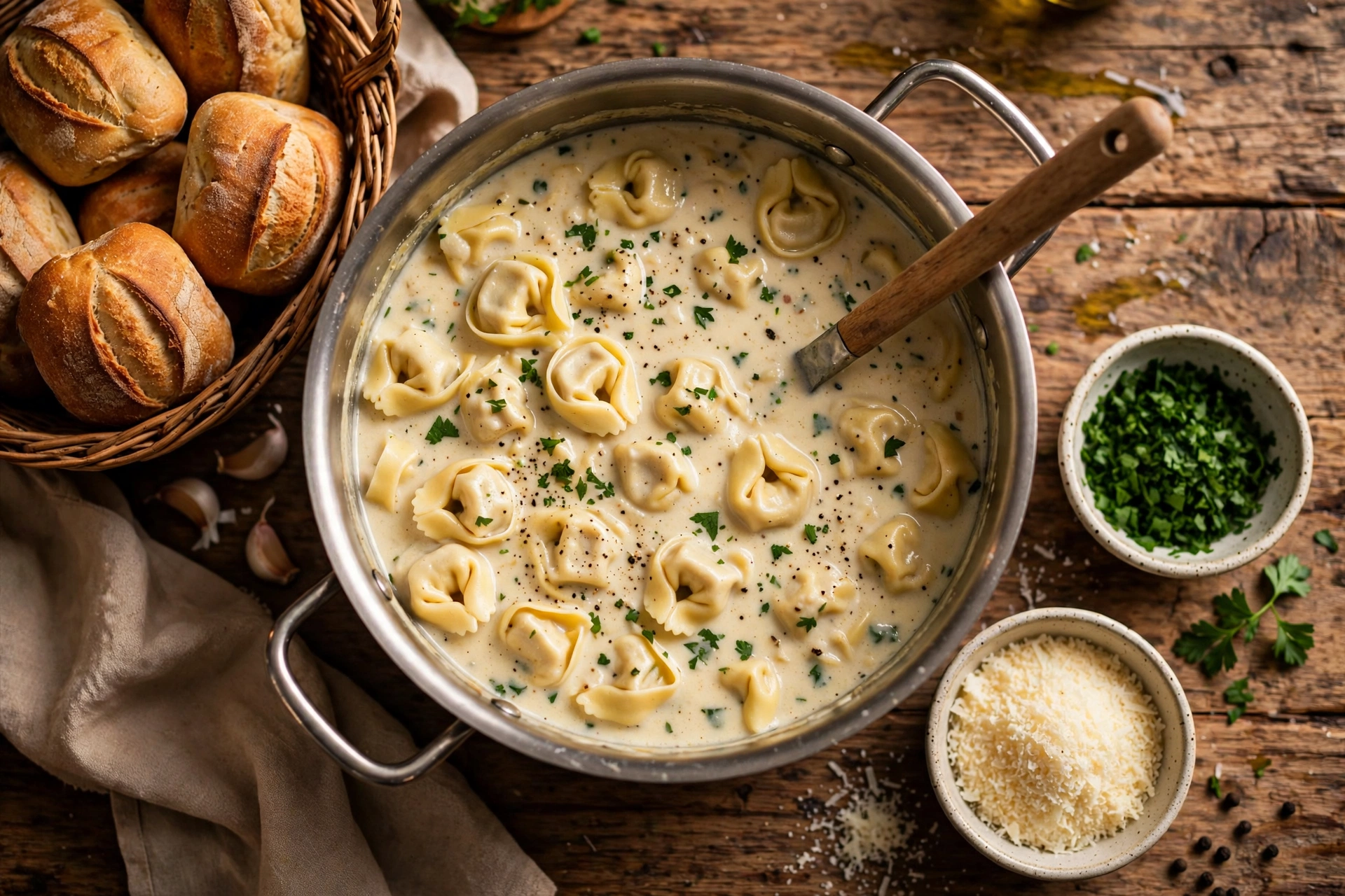 Pot of creamy tortellini soup with crusty bread on the side